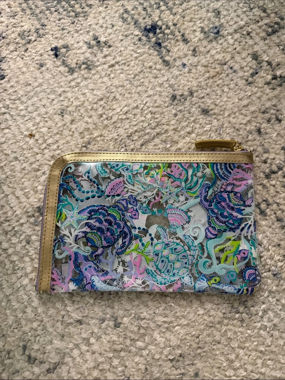 Lilly Pulitzer Clear Floral Seashorse Cosmetic Pouch - Gold Trim